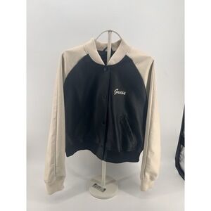 Guess Azira PU Bomber Jacket Women's Large Black Cream Varsity Faux Leather Logo